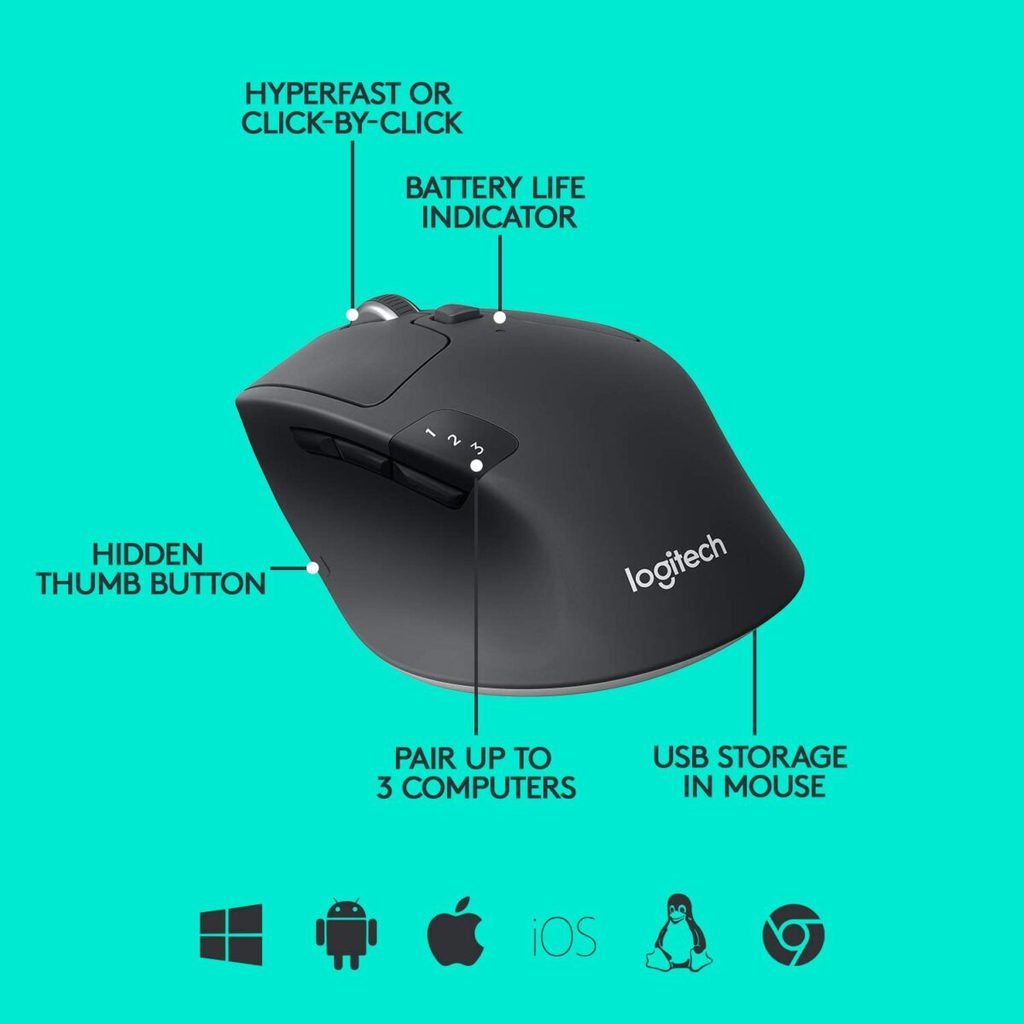 ⁦Logitech M720 Triathlon Wireless/Bluetooth  Mouse -  Hyper-Fast Scrolling - USB Unifying Receiver - Computer and Laptop - Black⁩ - الصورة ⁦9⁩