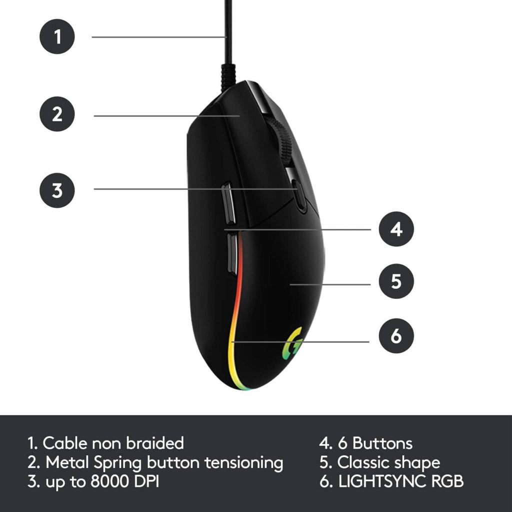 Logitech G203 LIGHTSYNC RGB Gaming Mouse - 8,000 DPI (Black) - Image 6