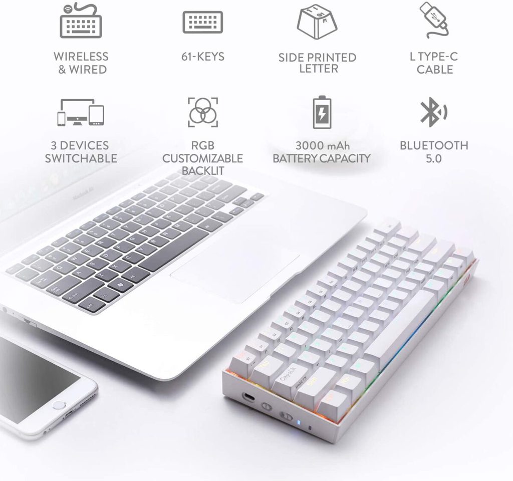 ⁦REDRAGON K530 Draconic RGB 60% Gaming Wireless Mechanical Keyboard - Brown Switches - White⁩ - الصورة ⁦4⁩
