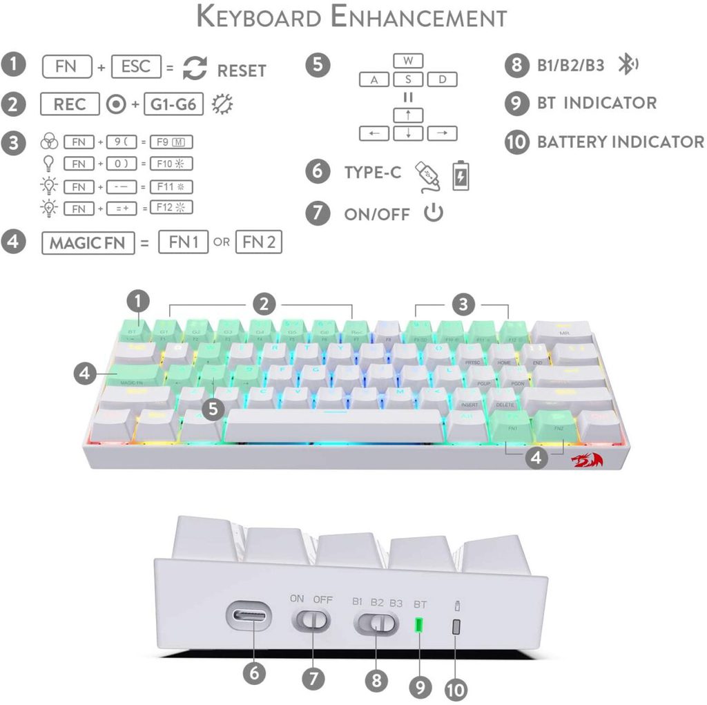 ⁦REDRAGON K530 Draconic RGB 60% Gaming Wireless Mechanical Keyboard - Brown Switches - White⁩ - الصورة ⁦6⁩