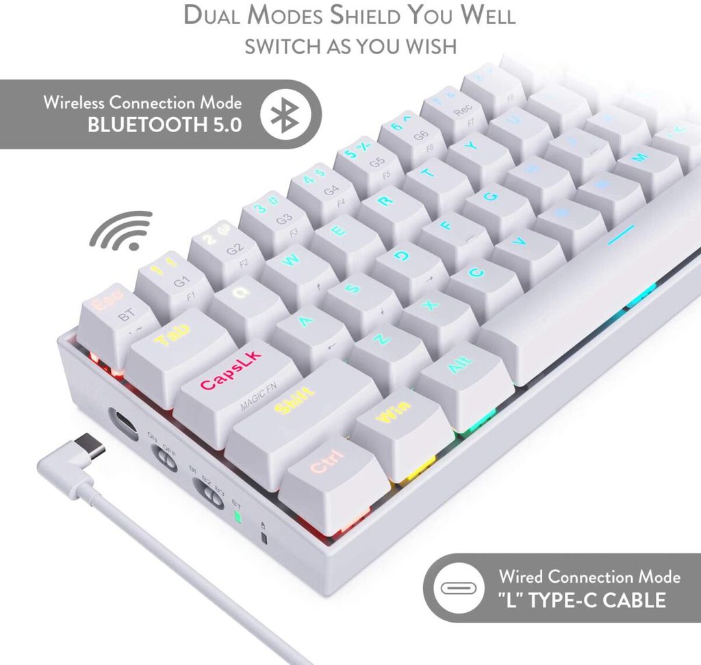 ⁦REDRAGON K530 Draconic RGB 60% Gaming Wireless Mechanical Keyboard - Brown Switches - White⁩ - الصورة ⁦7⁩