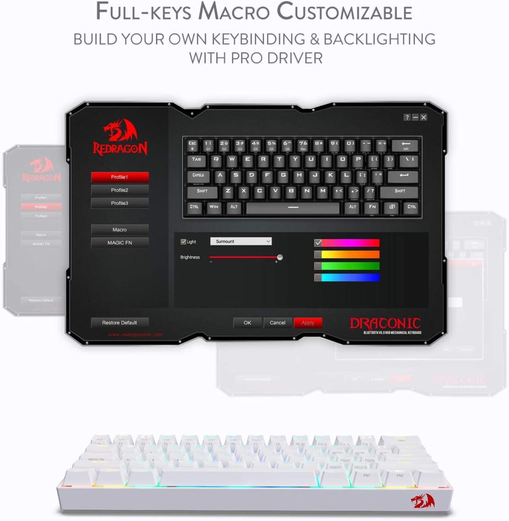 ⁦REDRAGON K530 Draconic RGB 60% Gaming Wireless Mechanical Keyboard - Brown Switches - White⁩ - الصورة ⁦8⁩