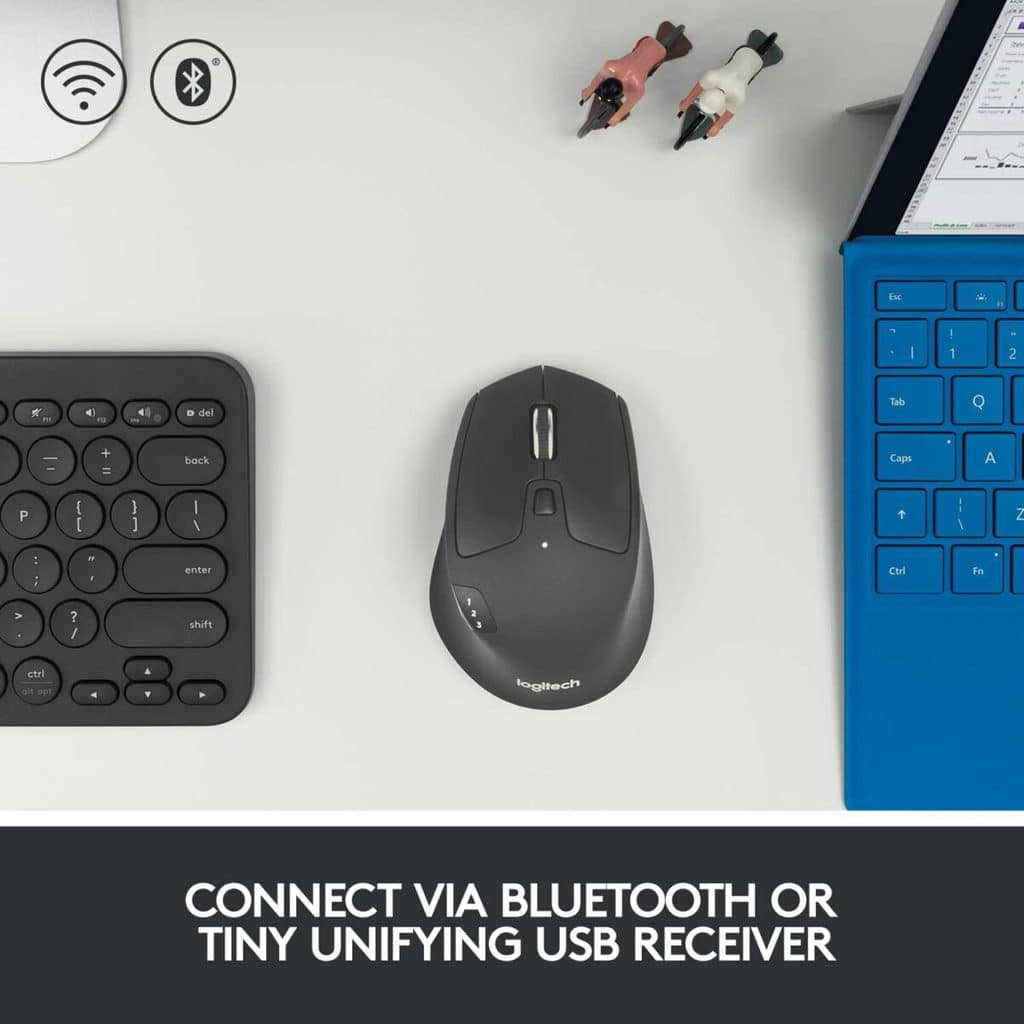 ⁦Logitech M720 Triathlon Wireless/Bluetooth  Mouse -  Hyper-Fast Scrolling - USB Unifying Receiver - Computer and Laptop - Black⁩ - الصورة ⁦7⁩