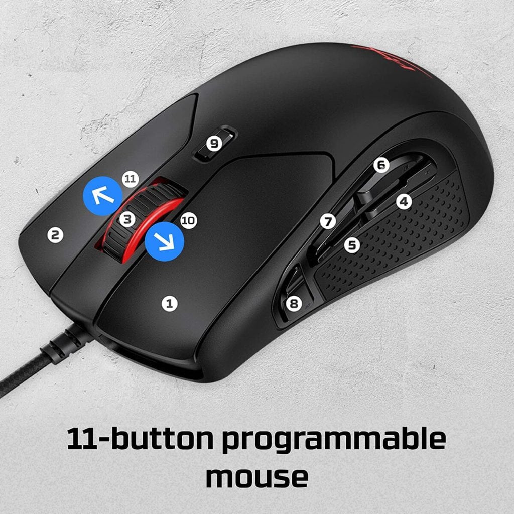 ⁦HyperX Pulsefire Raid RGB Gaming Mouse - Optical Sensor 16,000 DPI - 11 Programmable Buttons -  Comfortable Side Grips - Software-Controlled Customization⁩ - الصورة ⁦2⁩