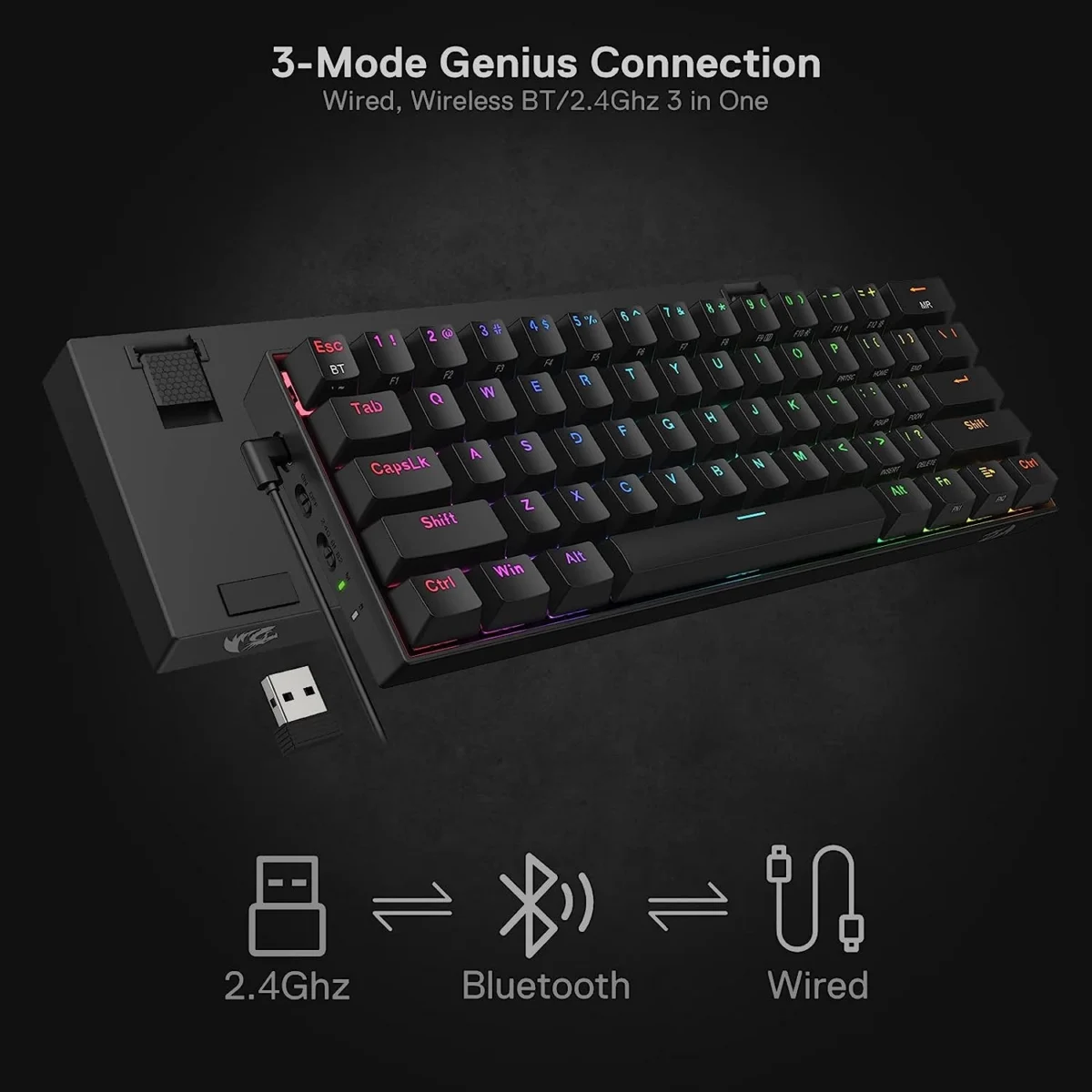 REDRAGON K530 Pro Draconic RGB 60% Gaming Wireless Mechanical Keyboard - BT/2.4Ghz/Wired 3-Mode