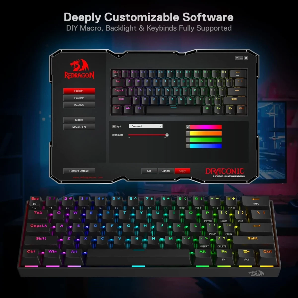 REDRAGON K530 Pro Draconic RGB 60% Gaming Wireless Mechanical Keyboard - BT/2.4Ghz/Wired 3-Mode