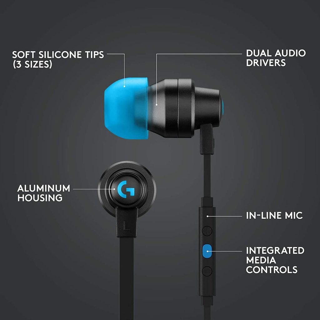 Logitech G333 Gaming Earphones with Gaming-Grade Dual Drivers with USB-C Adapter & in-line Mic and Volume Control with 3.5mm aux - Black