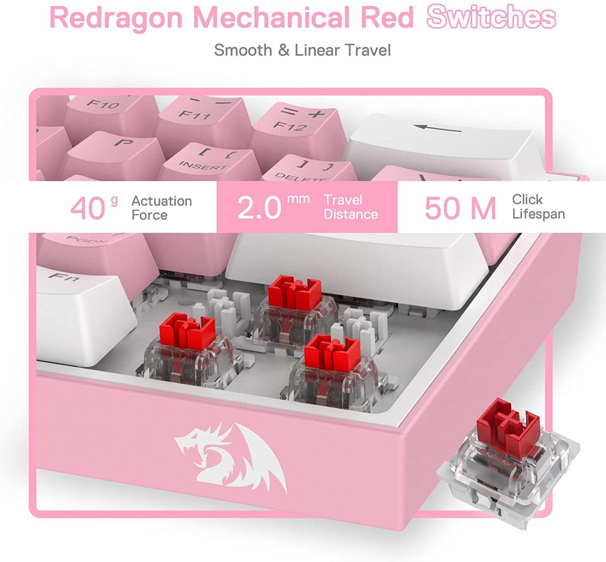 REDRAGON K617 Fizz RGB 60% Gaming Mechanical Keyboard - Red Switches (Pink White)