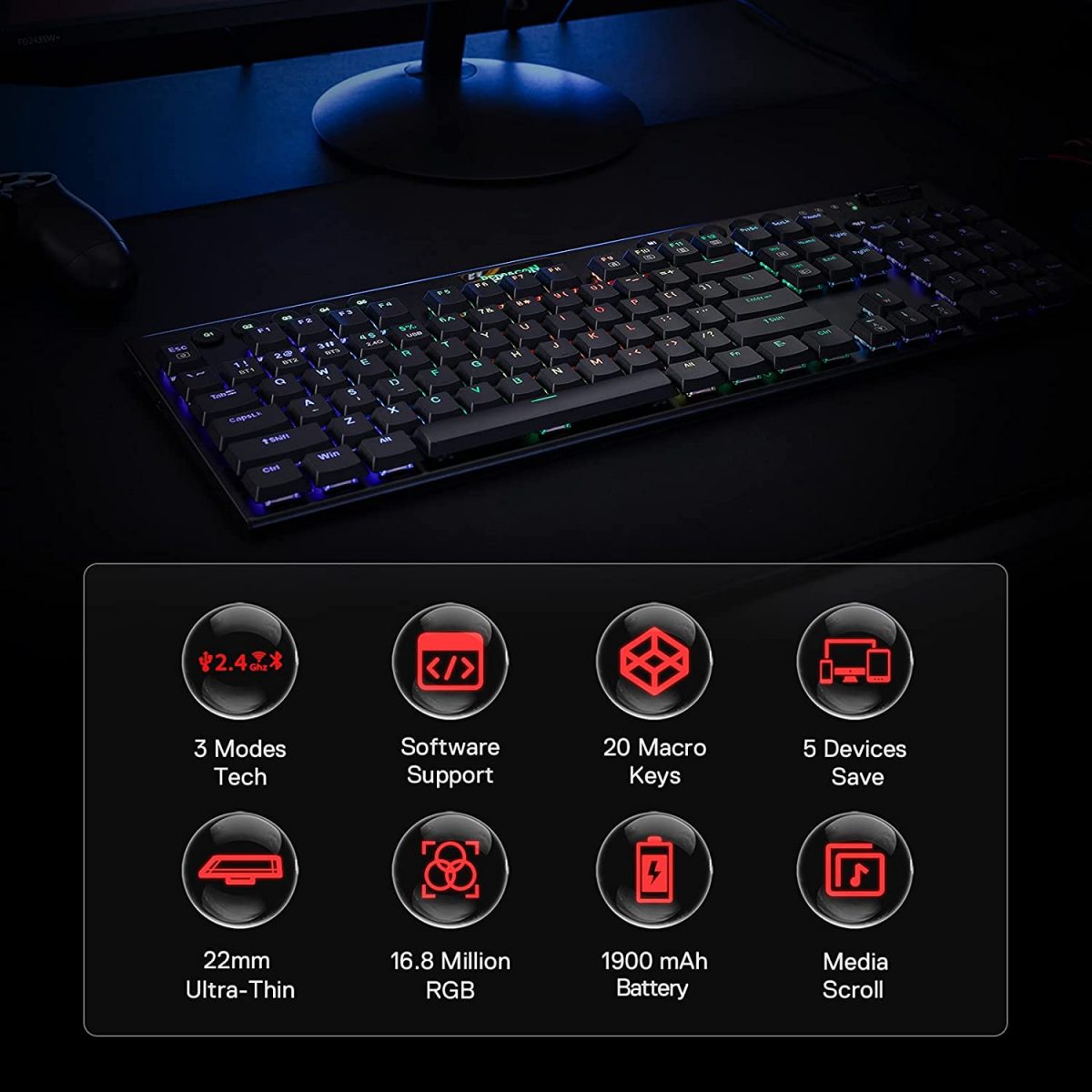 REDRAGON K618 Horus RGB Gaming Wireless Mechanical Keyboard - Low Profile Red Switches (Black)