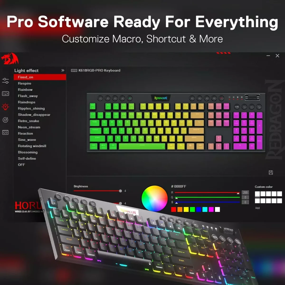 REDRAGON K618 PRO Horus RGB Gaming Wireless Mechanical Keyboard - Low Profile Red Switches WinMac (Black)