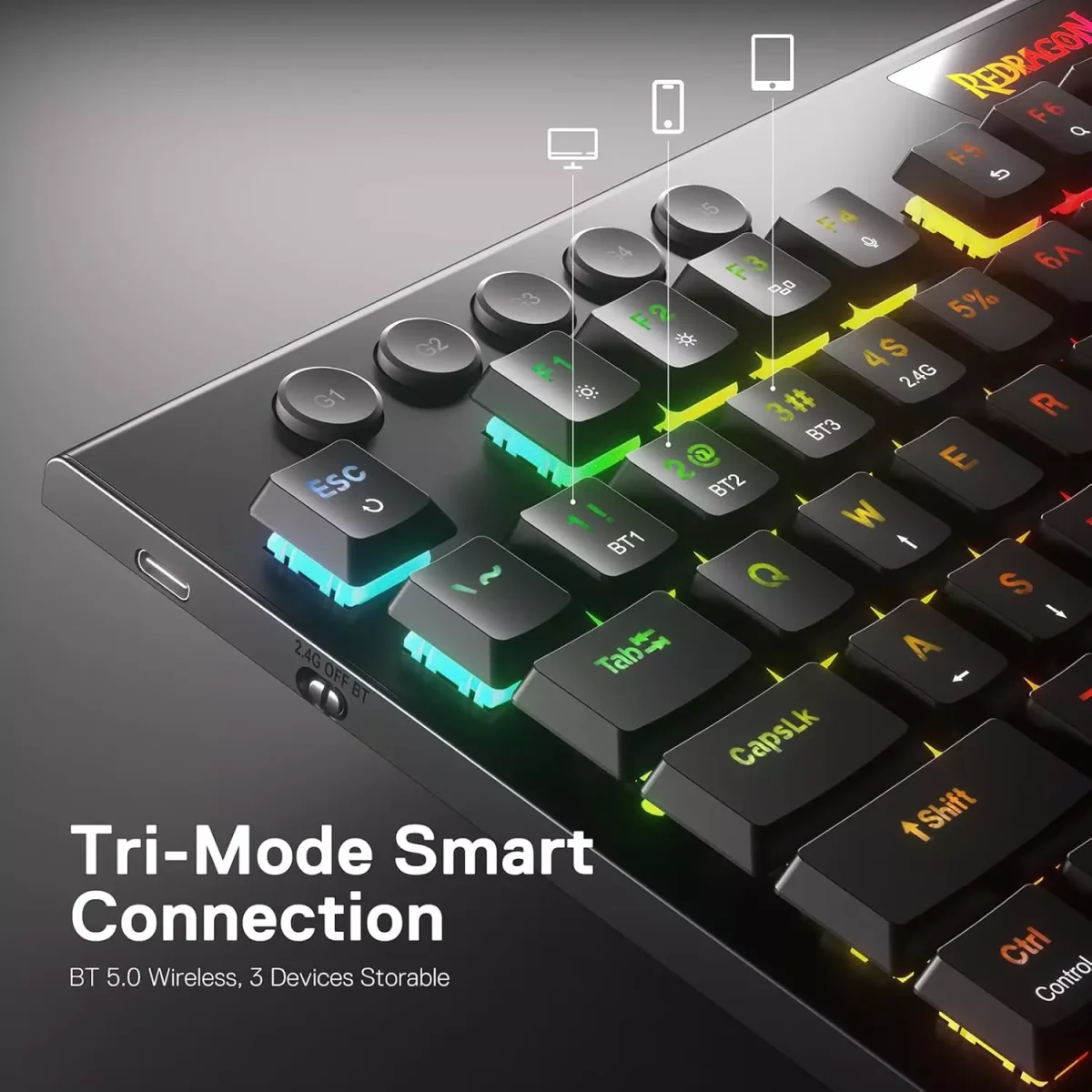 REDRAGON K618 PRO Horus RGB Gaming Wireless Mechanical Keyboard - Low Profile Red Switches WinMac (Black)