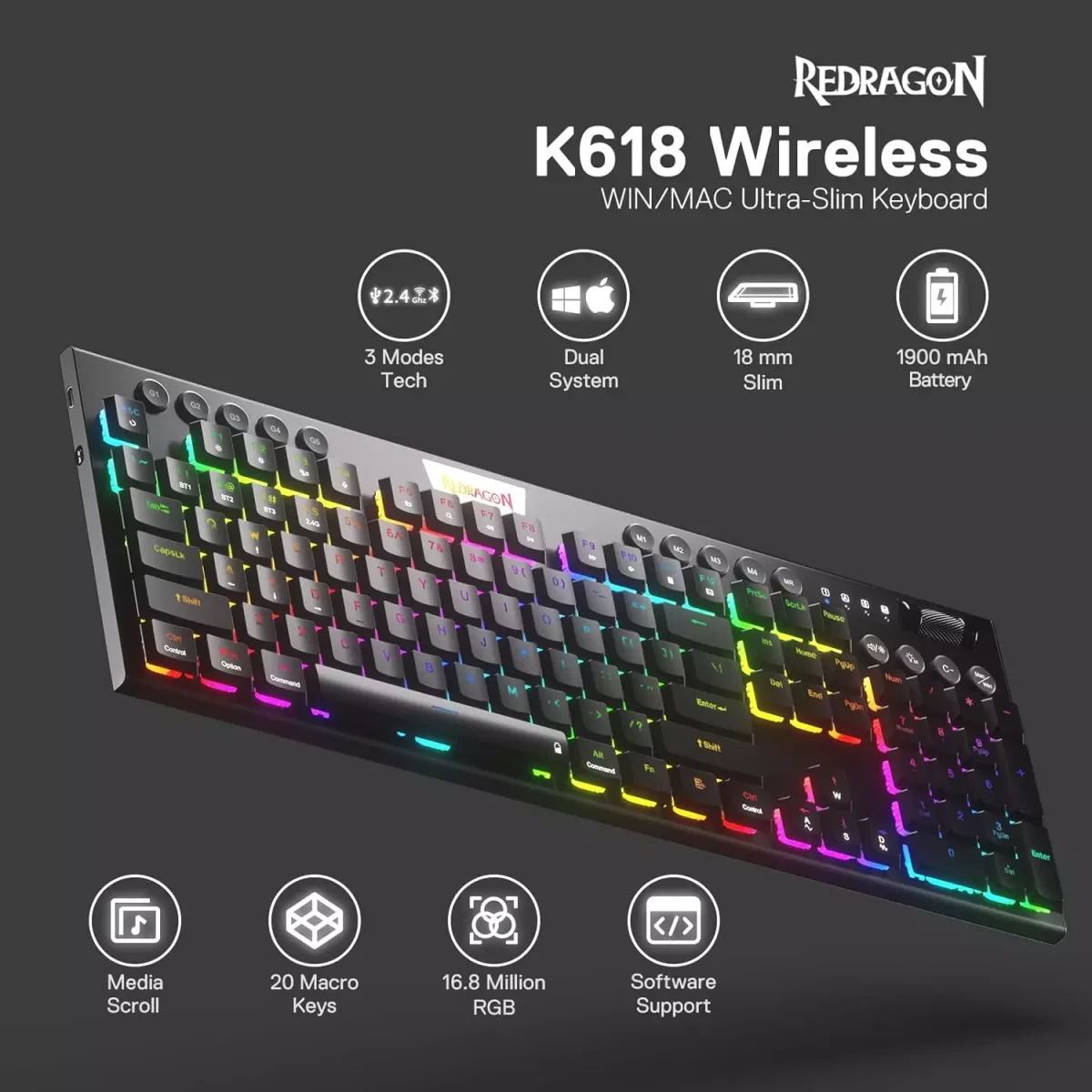 REDRAGON K618 PRO Horus RGB Gaming Wireless Mechanical Keyboard - Low Profile Red Switches WinMac (Black)
