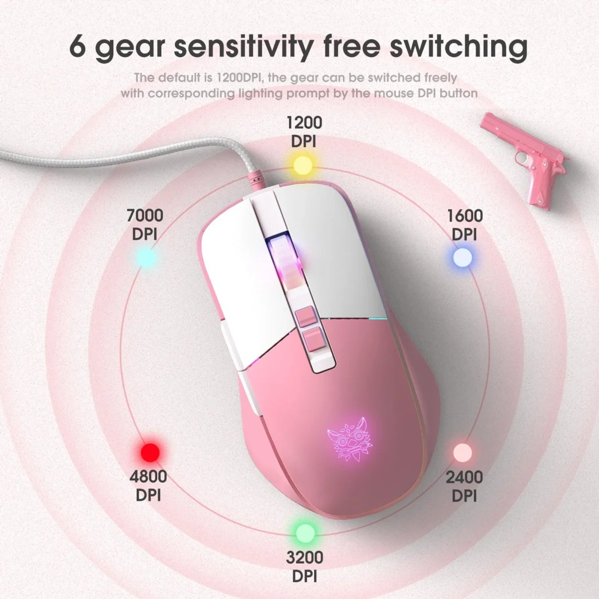 ONIKUMA CW916 Gaming Mouse - 7,200 DPI (Pink White)