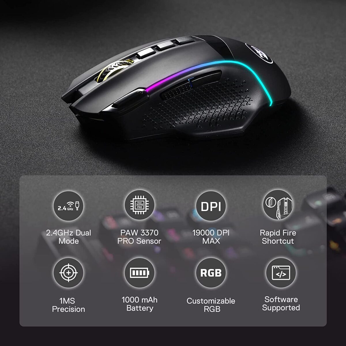 Redragon M991 RGB ENLIGHTENMENT Wireless / Wired Gaming Mouse - 19,000 DPI