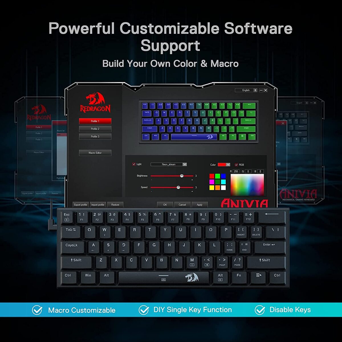 Redragon K614 Anivia RGB Mechanical Gaming Keyboard - Low Profile Red Switch (Black)