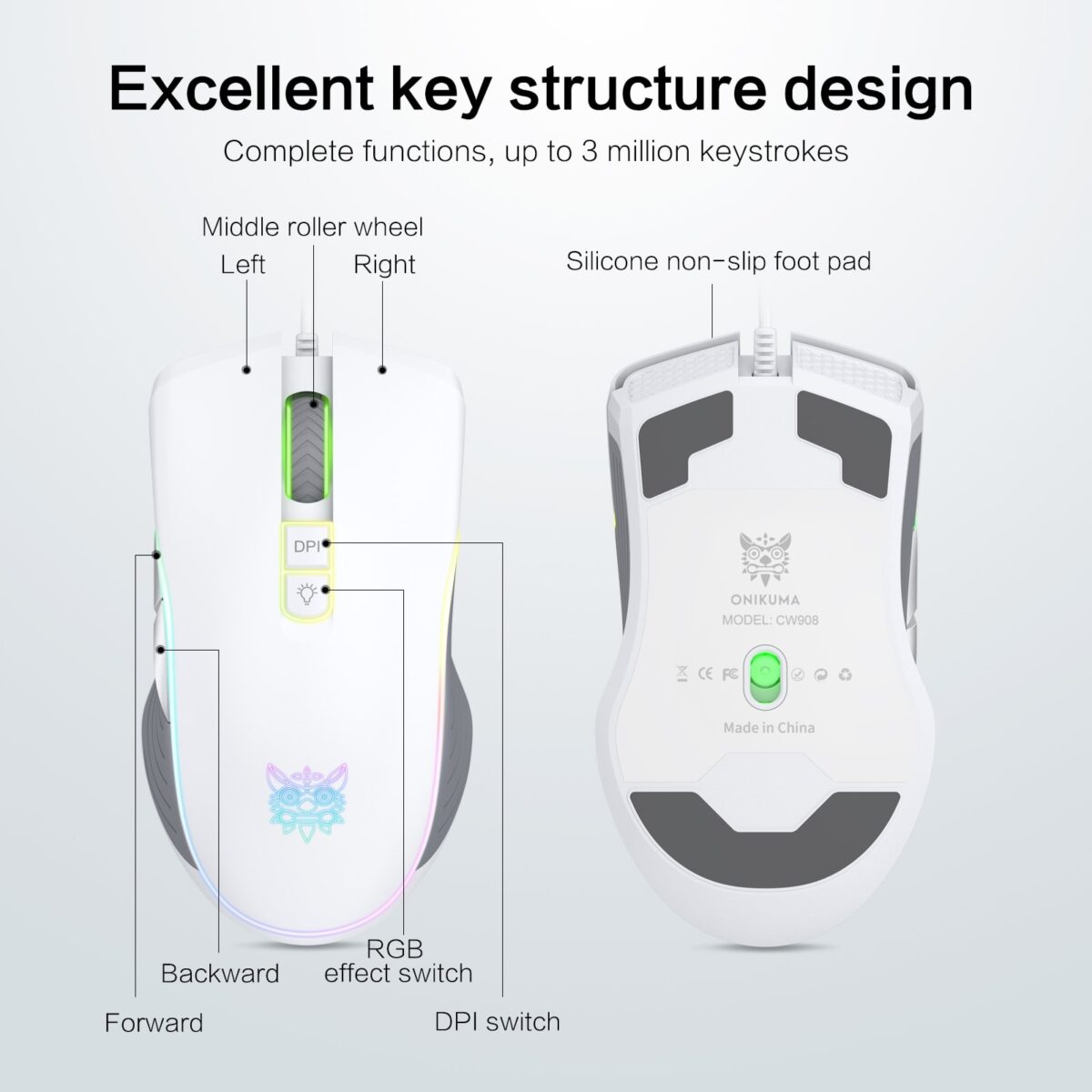 ONIKUMA CW908 Gaming Mouse - 7,200 DPI (White)