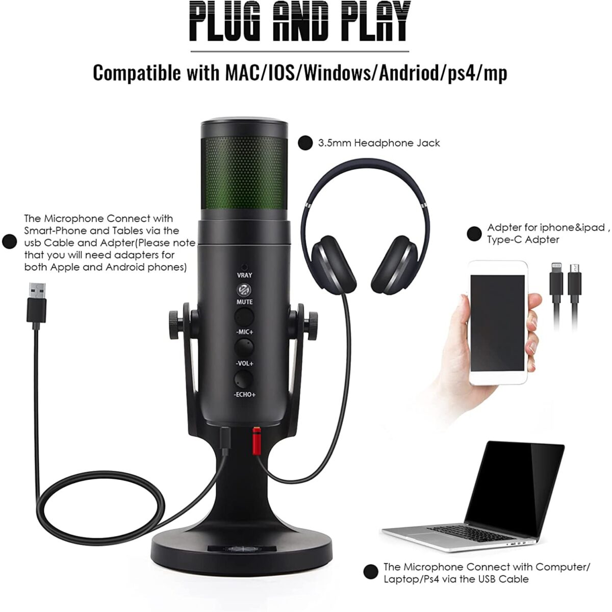 USB RGB Gaming Condenser Podcast Microphone