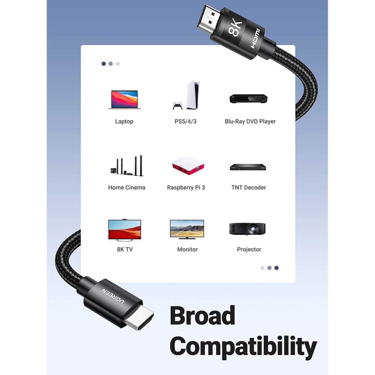 UGREEN HDMI 2.1 8K Ultra High Speed HDMI Cord Braided 48Gbps 4K@120Hz 8K@60Hz (2M)
