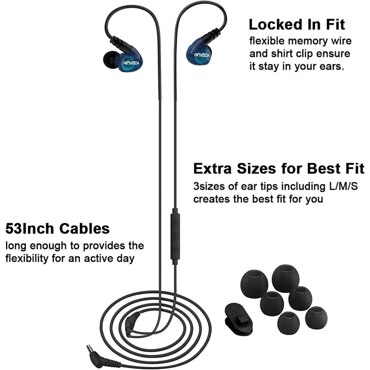 KINVOCA Sweatproof Running Earphones (Clear Blue)
