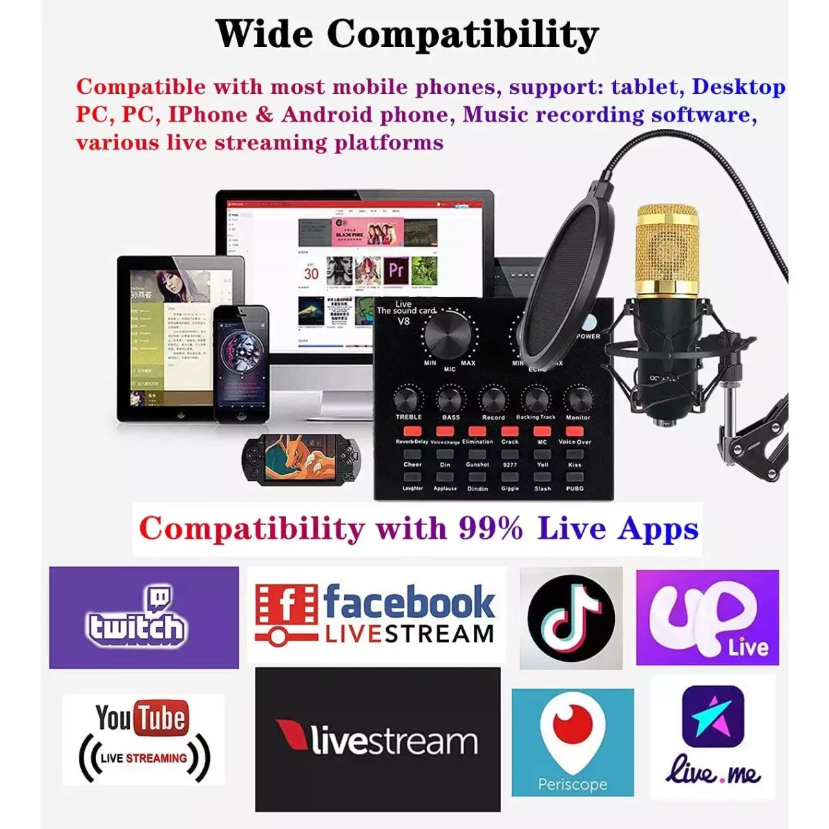 BM-800 Microphone + V8 Sound Card + Microphone Stand