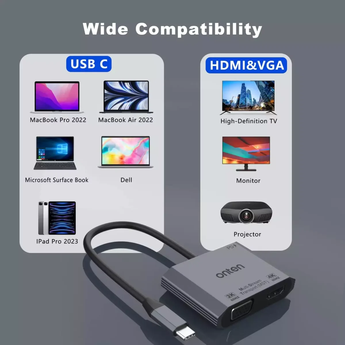 ONTEN USB-C to HDMI VGA Adapter, 1080P VGA and 4K HDMI, USB-C Thunderbolt 3 to Dual Display Adapter. Compatible with Thunderbole3/4