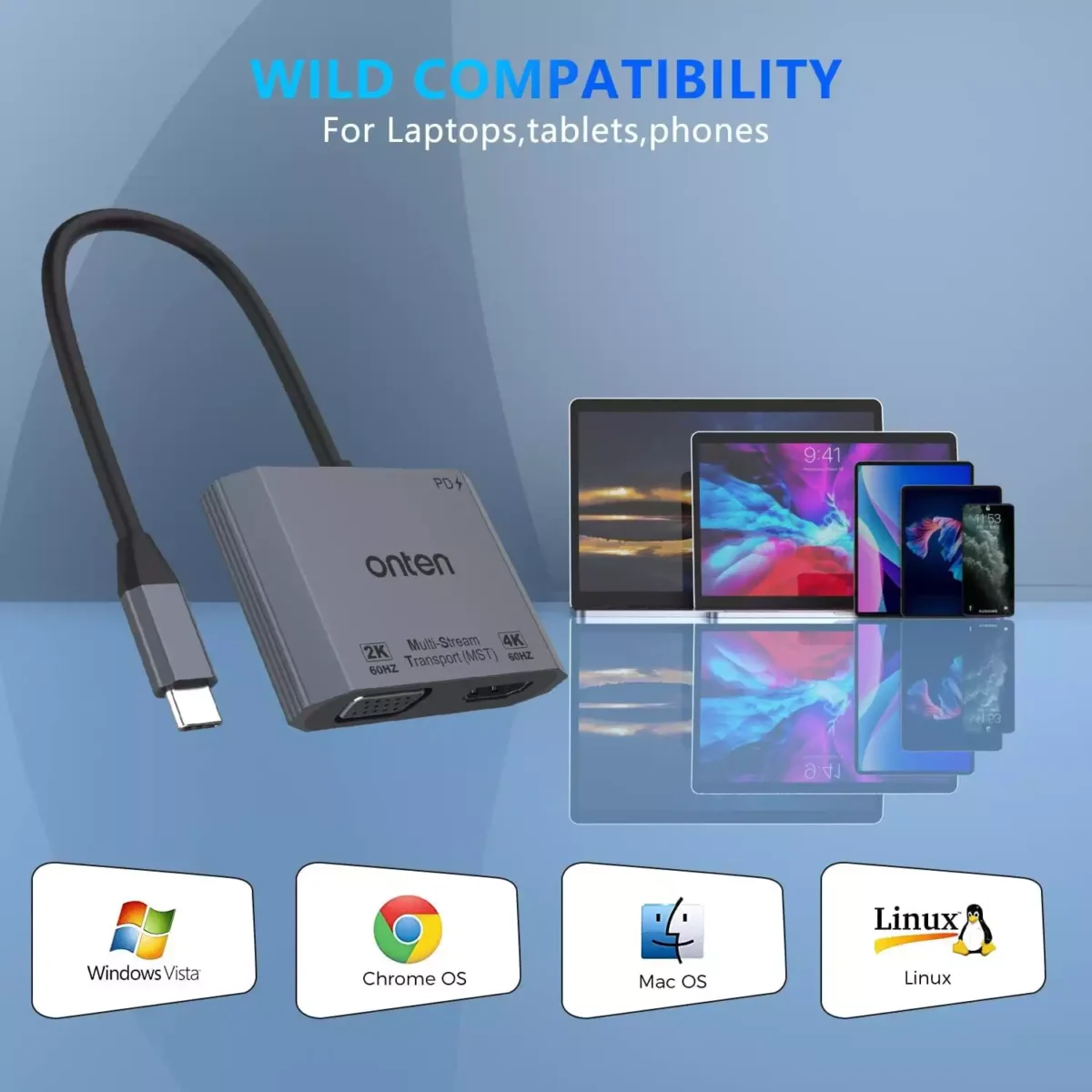 ONTEN USB-C to HDMI VGA Adapter, 1080P VGA and 4K HDMI, USB-C Thunderbolt 3 to Dual Display Adapter. Compatible with Thunderbole3/4