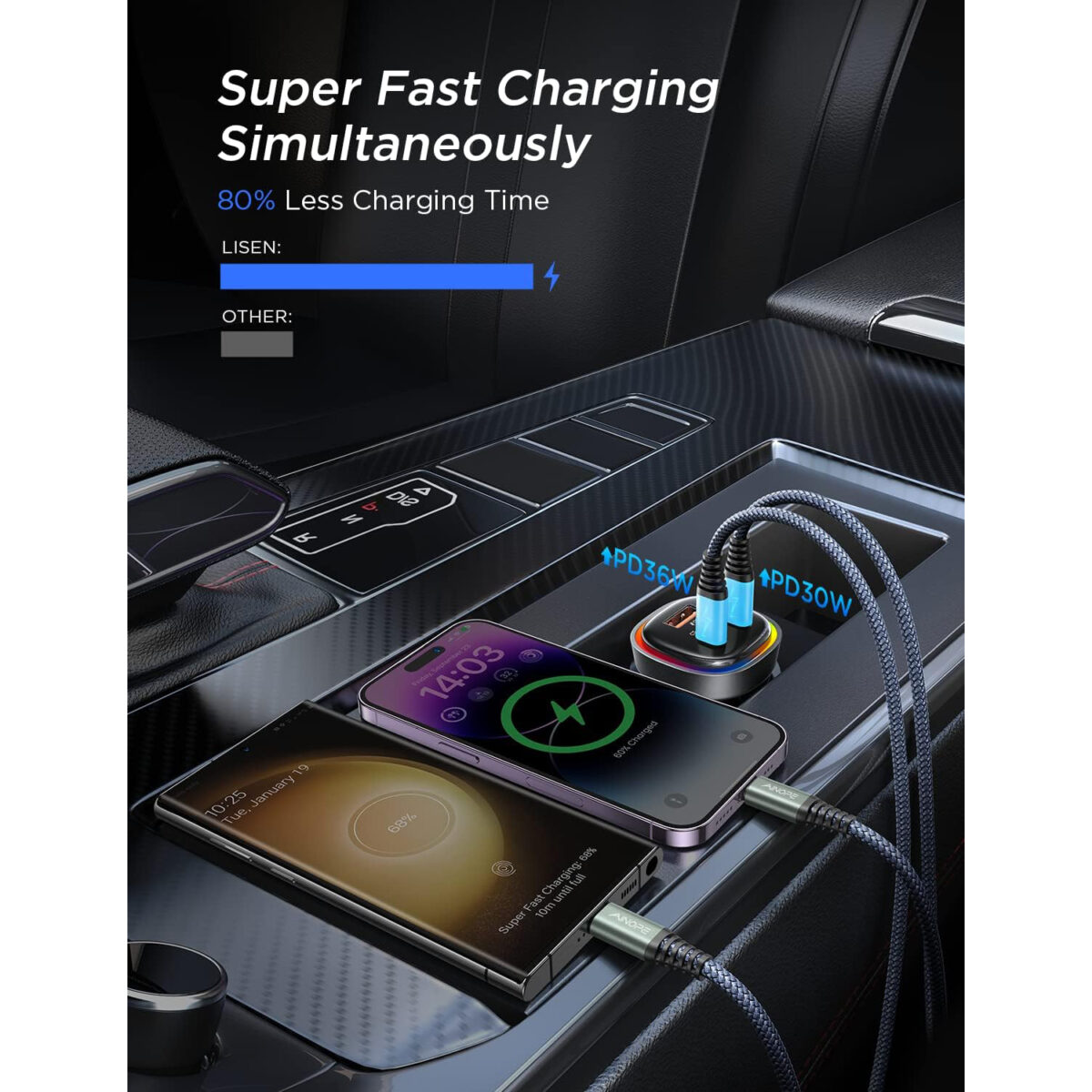 LISEN Car Charger USB-C 3 Port