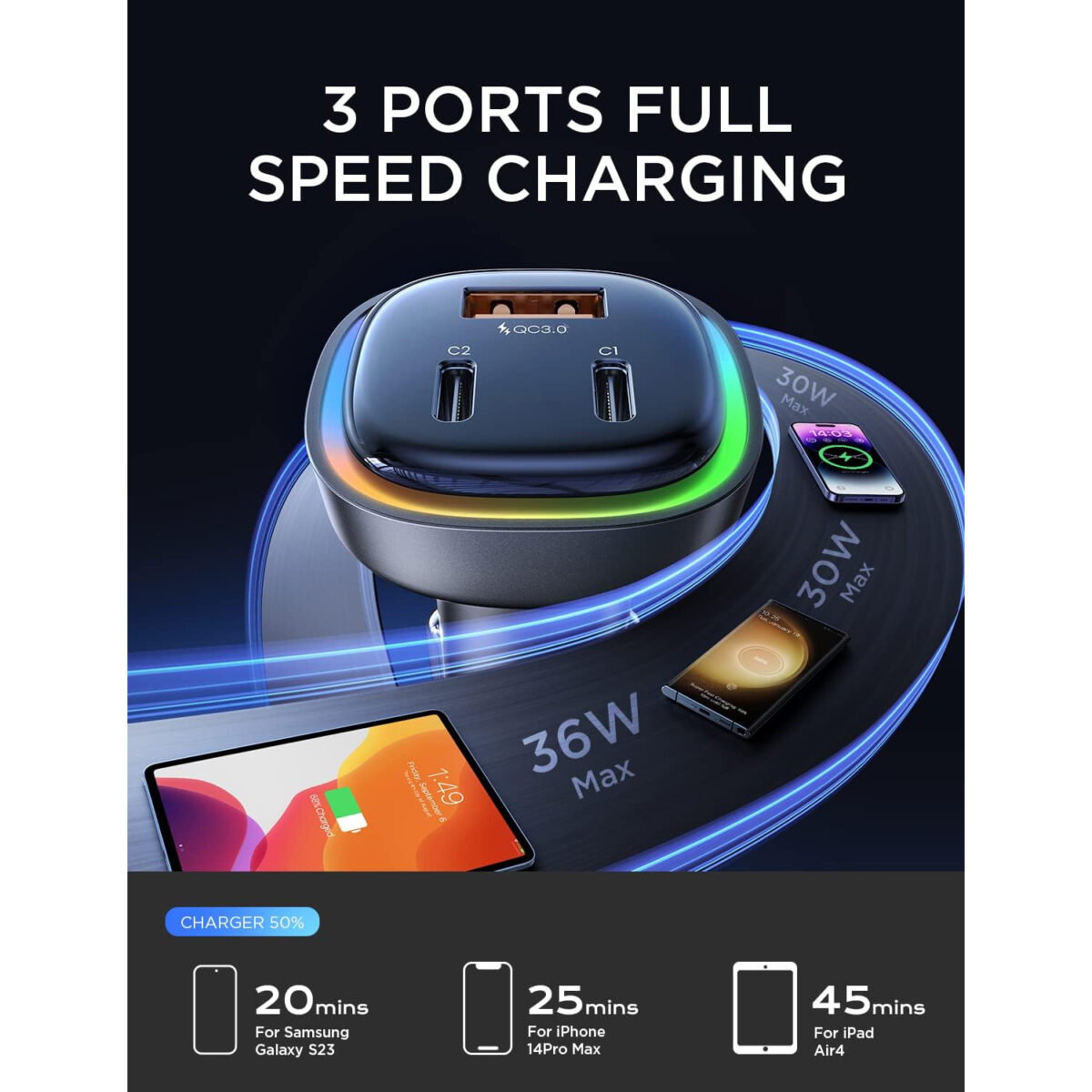 LISEN Car Charger USB-C 3 Port