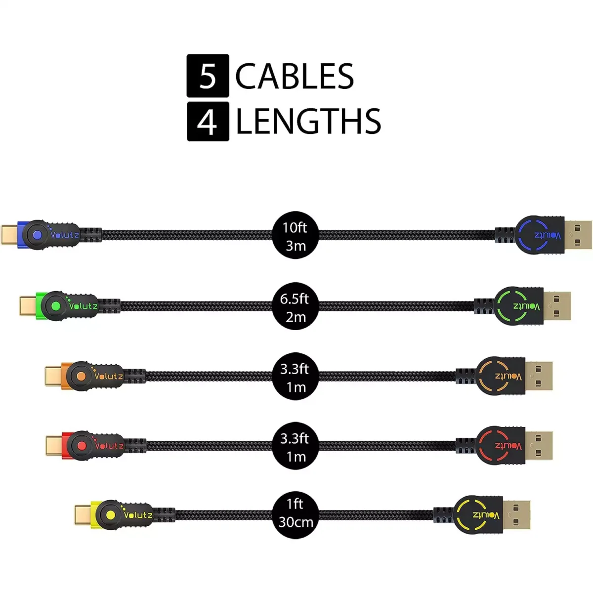 Volutz USB C Cable, (5-Pack 3M, 2M, 2X 1M, 30CM)