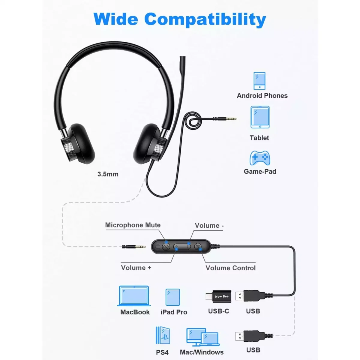 New Bee H361 USB Computer Call Center Headset in-Line Call Controls with Noise Cancelling Micphone