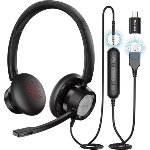 New Bee H362 USB Computer Call Center Headset in-Line Call Controls with Noise Cancelling 270° Rotatable Micphone