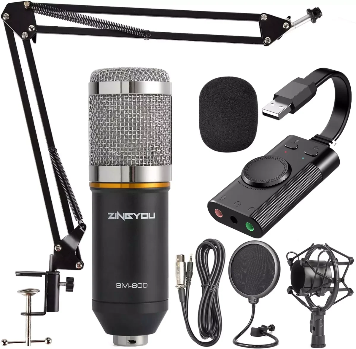 ZINGYOU BM-800 Condenser Microphone + Techrise Sound Card (Silver)