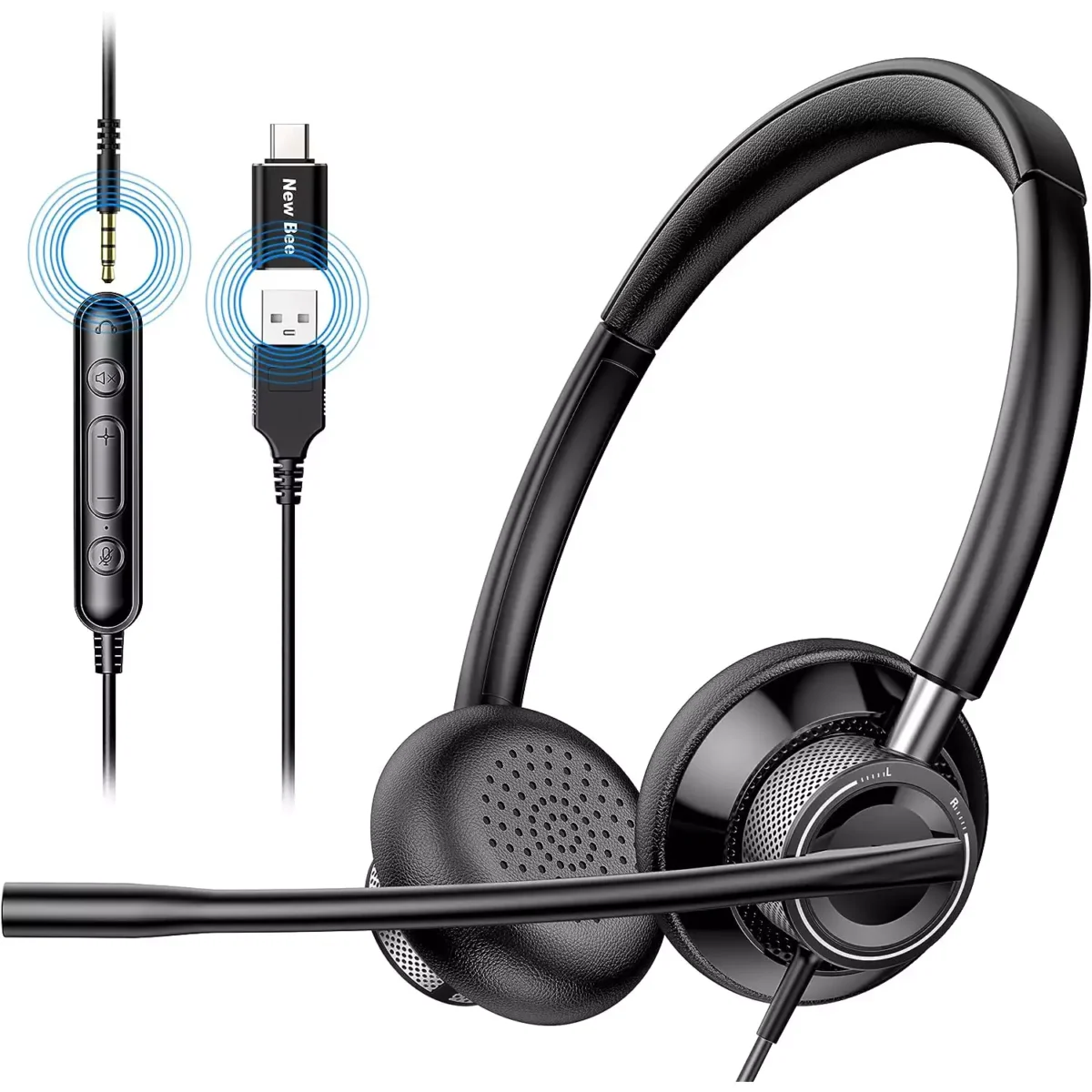 New Bee H361 USB Computer Call Center Headset in-Line Call Controls with Noise Cancelling Micphone
