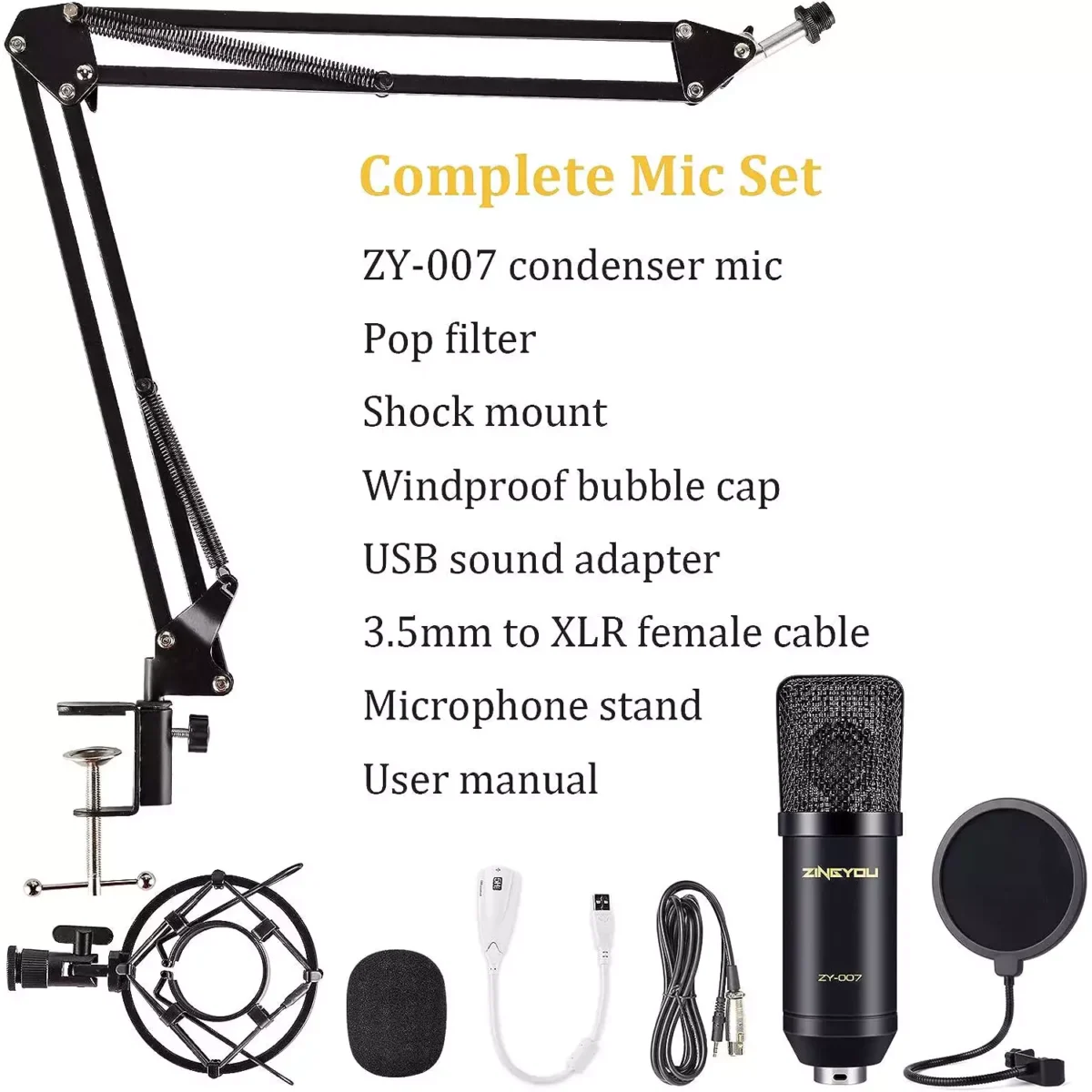 ZINGYOU ZY-007 Condenser Microphone Bundle for Studio Recording & Brocasting (Black)