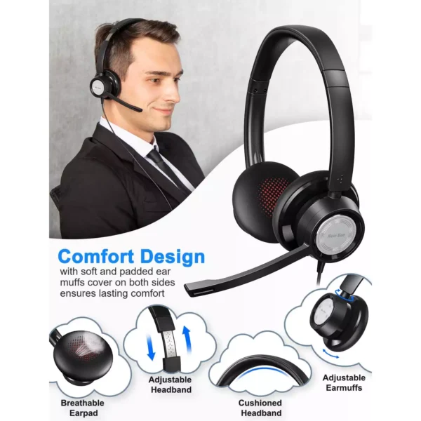 New Bee H362 USB Computer Call Center Headset in-Line Call Controls with Noise Cancelling 270° Rotatable Micphone