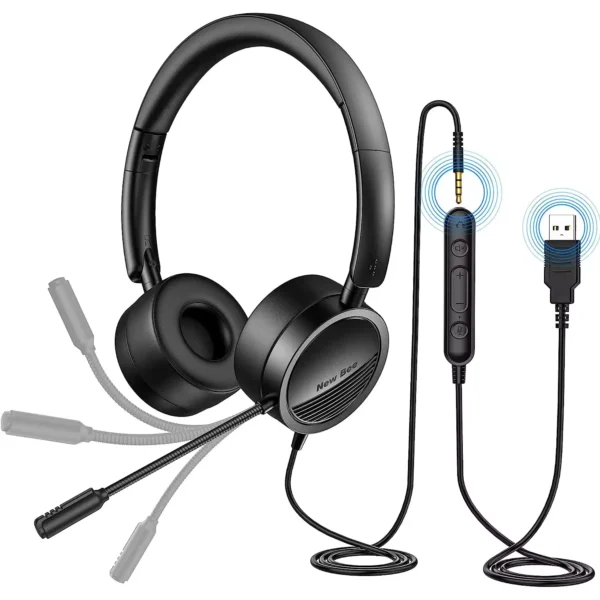 New Bee H360 USB Computer Call Center Headset in-Line Call Controls with Noise Cancelling Micphone