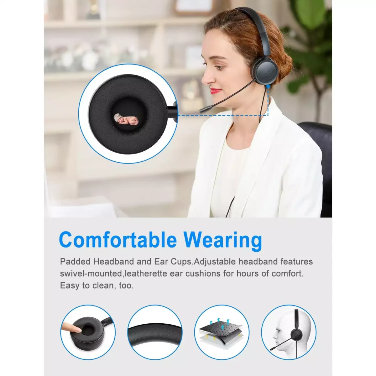 New Bee H360 USB Computer Call Center Headset in-Line Call Controls with Noise Cancelling Micphone