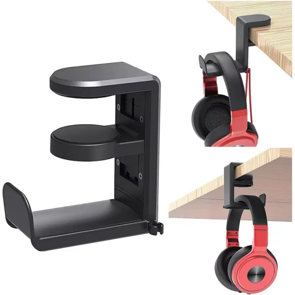 Headset Headphone Hook Holder Hanger Mount, Headphones Stand with Adjustable & Rotating Arm Clamp (Black)