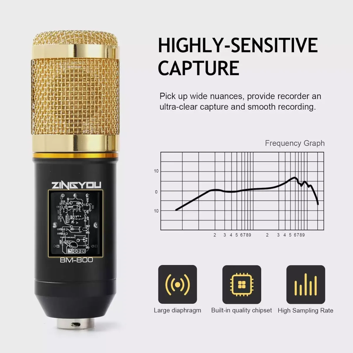 ZINGYOU BM-800 Condenser Microphone Bundle for Studio Recording & Brocasting (Gold)