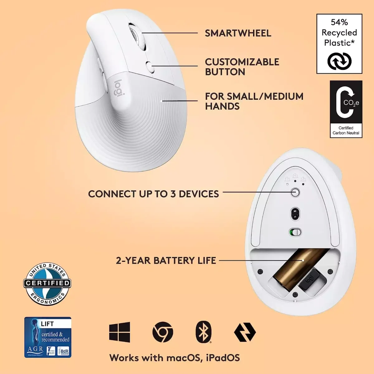 Logitech Lift Vertical Ergonomic Wireless Mouse (Off White)