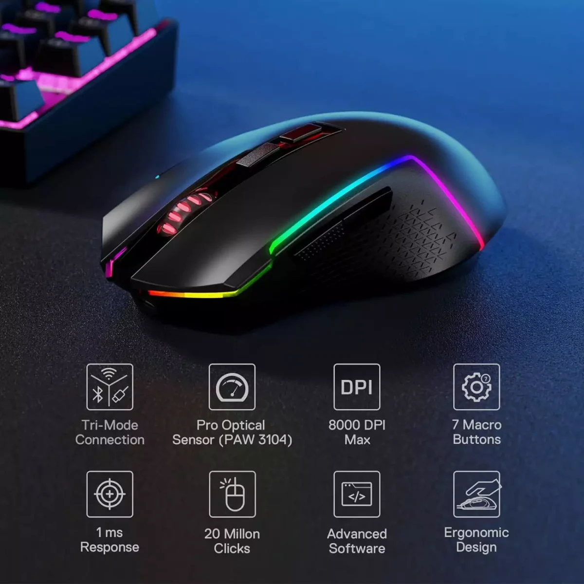 Redragon M693 3-Mode Connection Wireless Bluetooth Wired Gaming Mouse