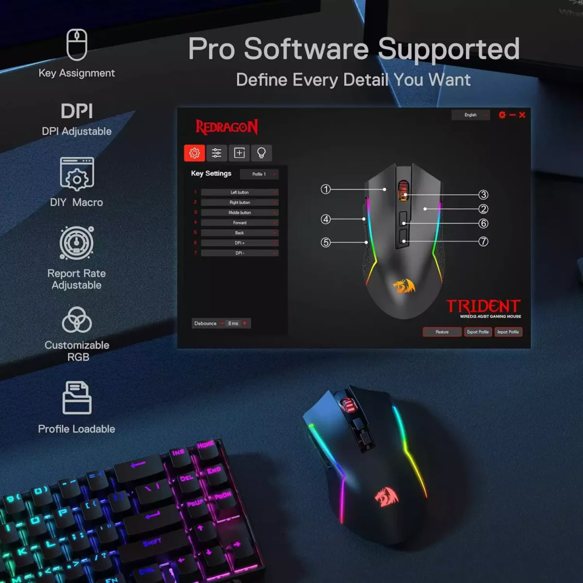 Redragon M693 3-Mode Connection Wireless Bluetooth Wired Gaming Mouse