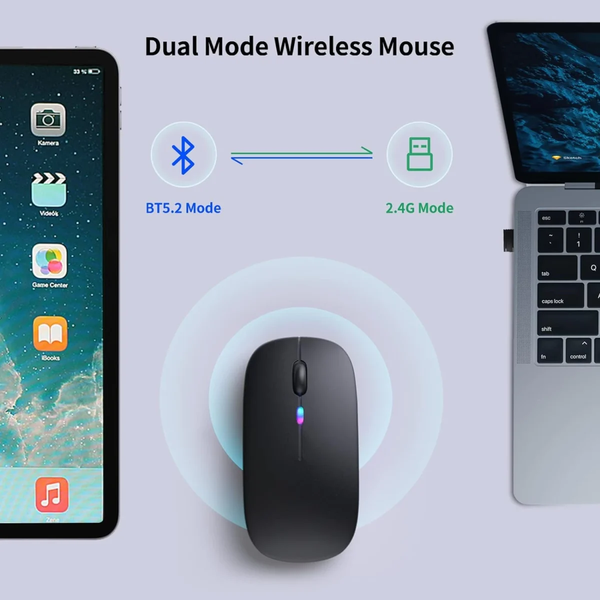 Wireless Bluetooth Silent Mouse, Rechargeable LED Dual Mode (Bluetooth 5.2 and USB Receiver)