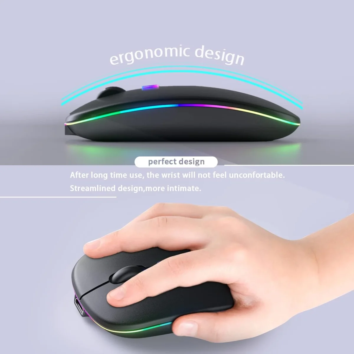 Wireless Bluetooth Silent Mouse, Rechargeable LED Dual Mode (Bluetooth 5.2 and USB Receiver)