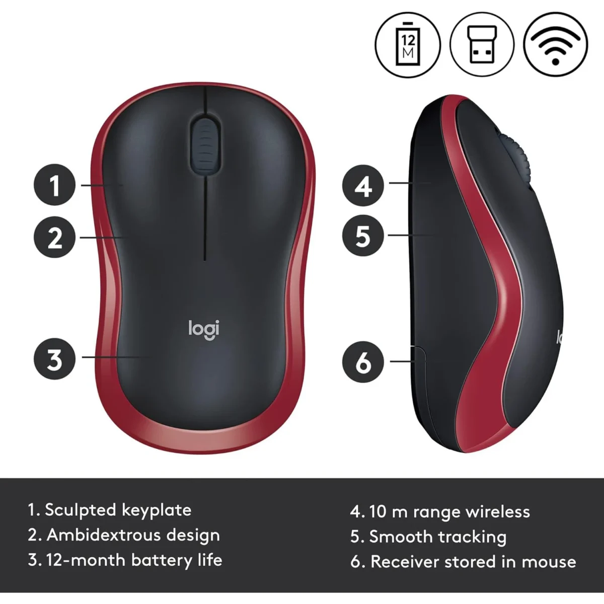 Logitech M185 Wireless Mouse (Red)