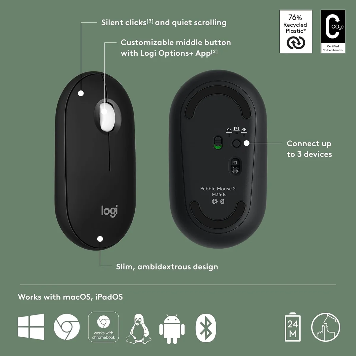 Logitech Pebble Mouse 2 M350s Slim Bluetooth Wireless Mouse (Graphite)