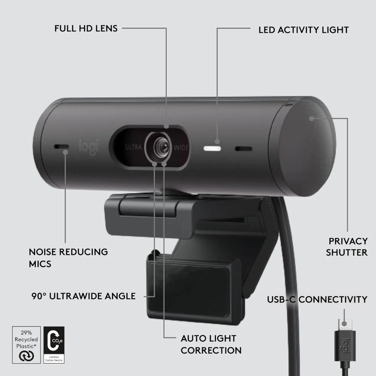 Logitech Brio 500 Full HD Webcam with Auto Light Correction,Show Mode, Dual Noise Reduction Mics (Graphite)