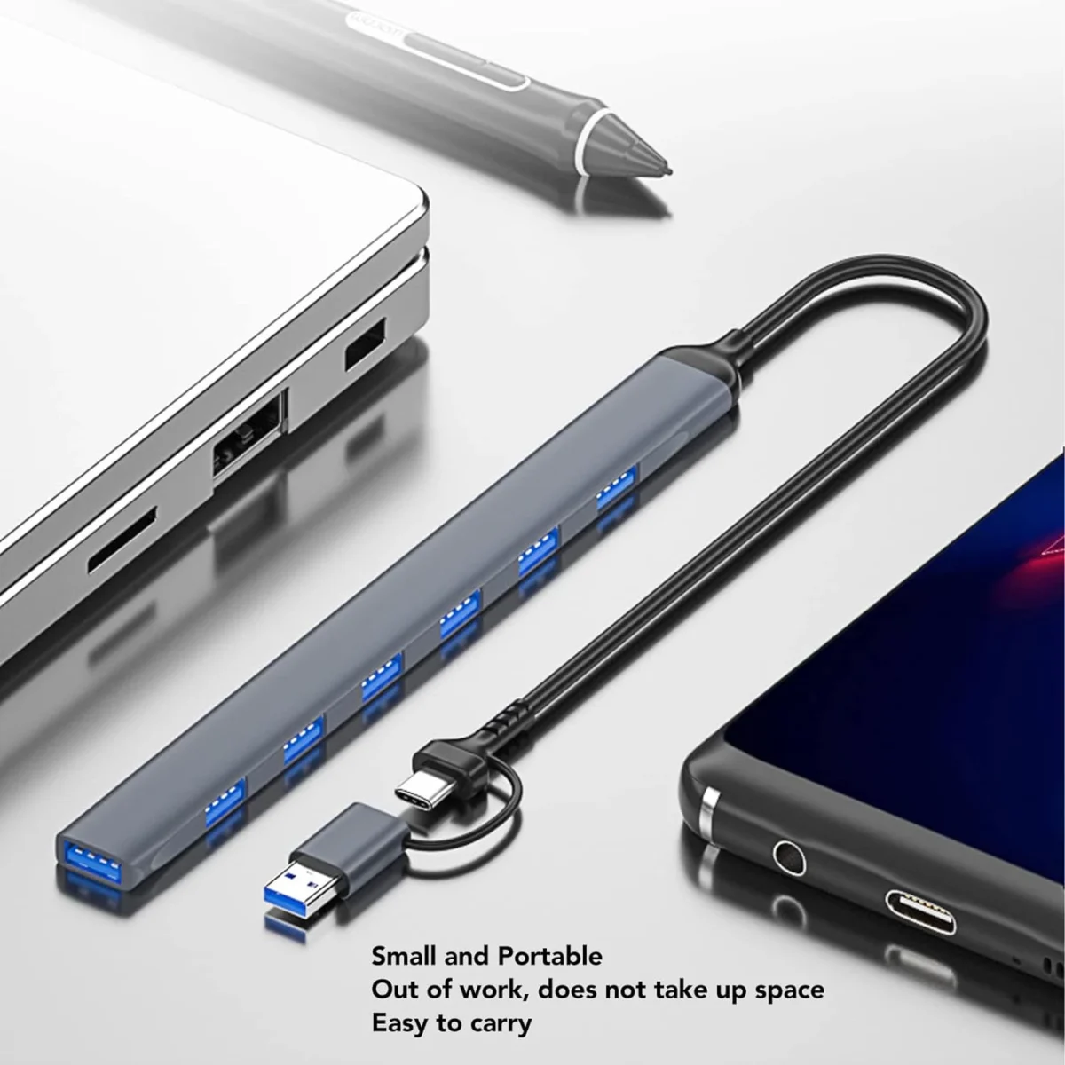 USB C + USB 3.0 to 7 USB Ports for MacBook Pro, iMac 2021, USB Splitter Aluminum Alloy