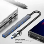 USB C + USB 3.0 to 7 USB Ports for MacBook Pro, iMac 2021, USB Splitter Aluminum Alloy