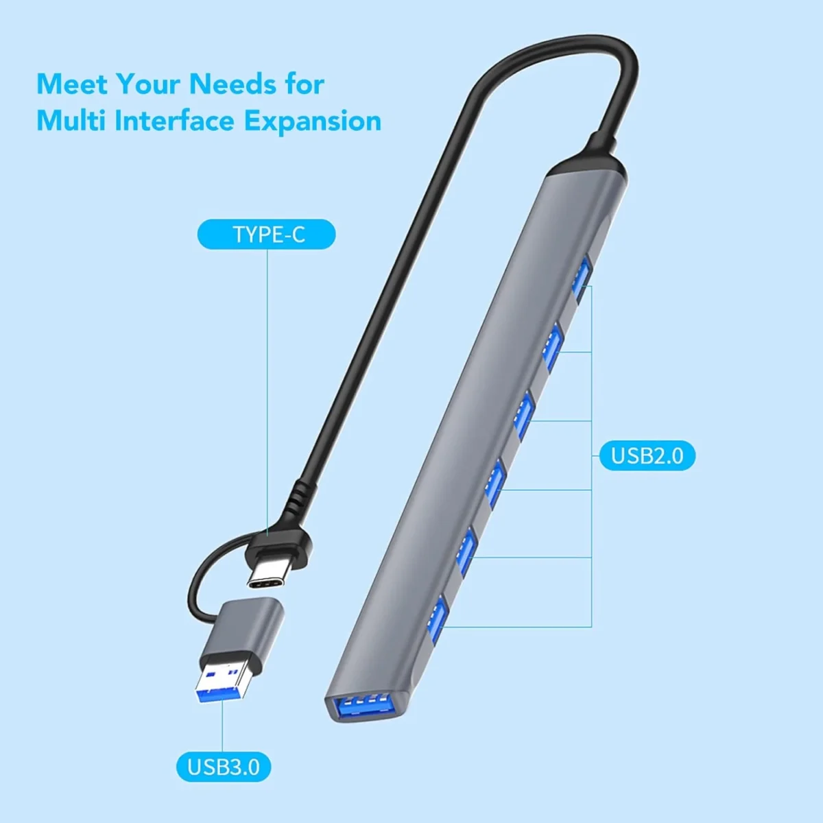 USB C + USB 3.0 to 7 USB Ports for MacBook Pro, iMac 2021, USB Splitter Aluminum Alloy